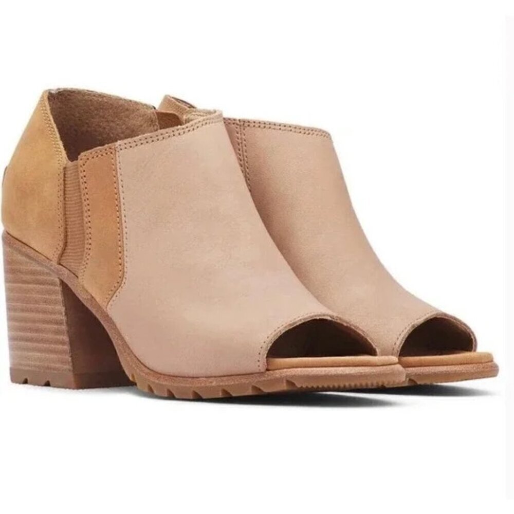 Sorel Nadia Tan and Cream Leather Peep Toe Ankle Bootie
